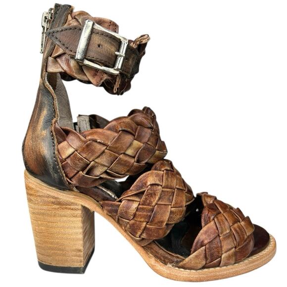 Freebird By Steven Women’s Bayou Brown Leather Woven Heeled Sandals Size 6 - Picture 1 of 11